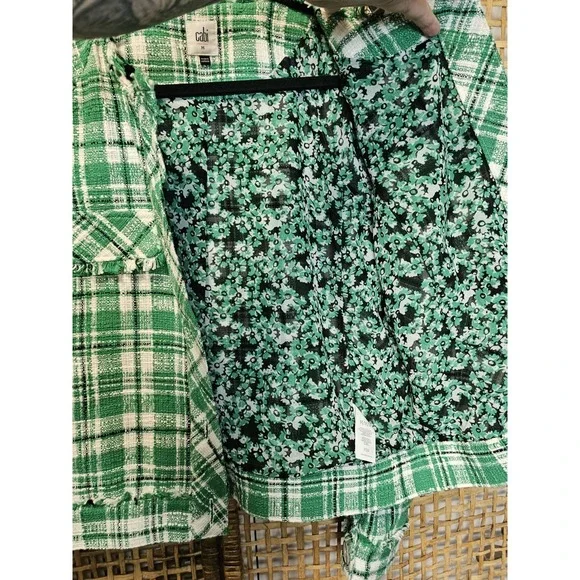 Cabi Library Women's MJacket Green White Black Plaid Tweed Blazer fringe hem - Picture 6 of 8